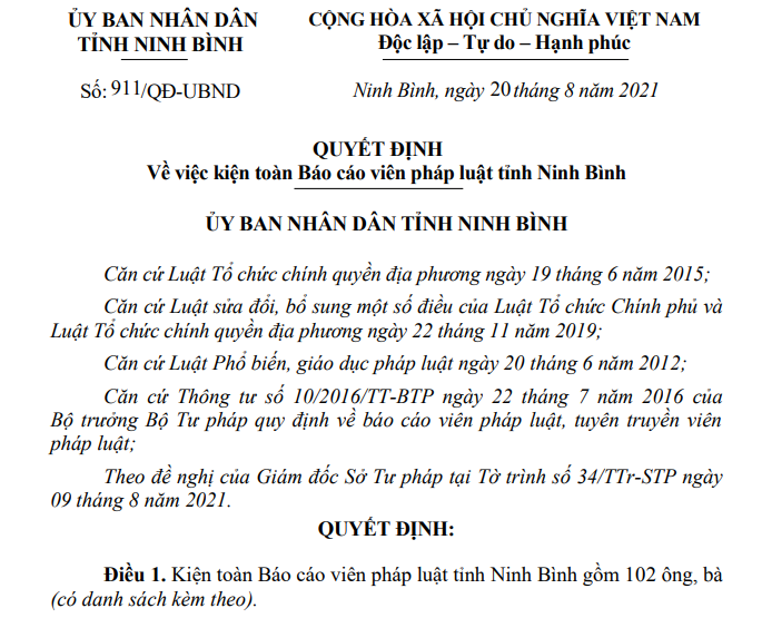 Quyết định kiện toàn Báo cáo viên pháp luật tỉnh Ninh Bình