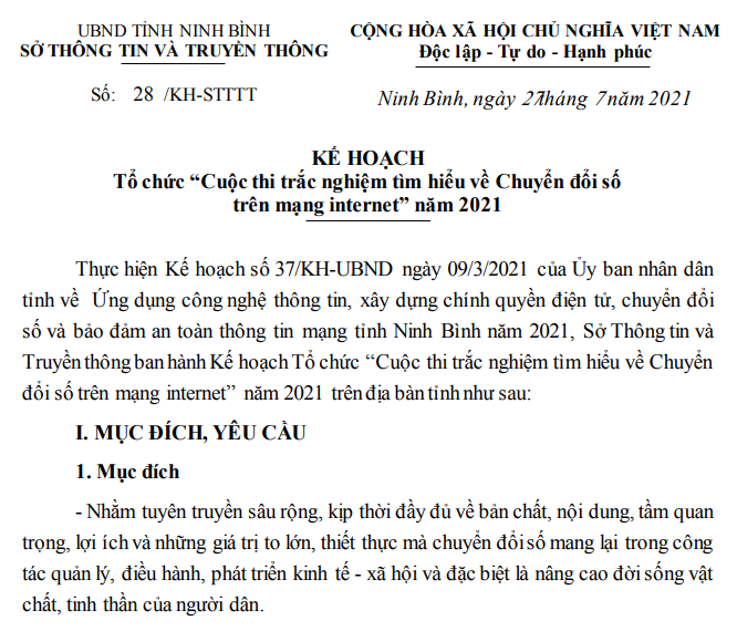 Cuộc thi trắc nghiệm tìm hiểu về Chuyển đổi số trên mạng internet năm 2021 trên địa bàn tỉnh Ninh Bình