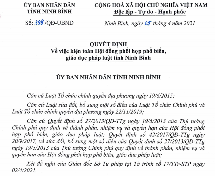Quyết định số 398/QĐ-UBND ngày 05/4/2021 của UBND tỉnh Ninh Bình về việc kiện toàn Hội đồng phối hợp phổ biến, giáo dục pháp luật tỉnh Ninh Bình