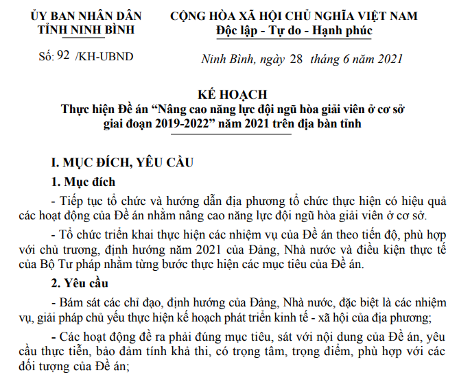 Kế hoạch thực hiện Đề án “Nâng cao năng lực đội ngũ hòa giải viên ở cơ sở giai đoạn 2019-2022” năm 2021 trên địa bàn tỉnh Ninh Bình