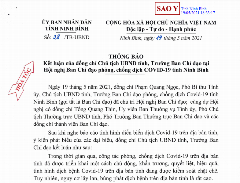 Thông báo Kết luận của đồng chí Chủ tịch UBND tỉnh, Trưởng Ban Chỉ đạo tại Hội nghị Ban Chỉ đạo phòng, chống dịch COVID-19 tỉnh Ninh Bình