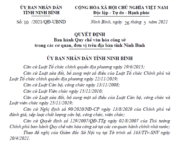 Quy chế văn hóa công sở trong các cơ quan, đơn vị trên địa bàn tỉnh Ninh Bình