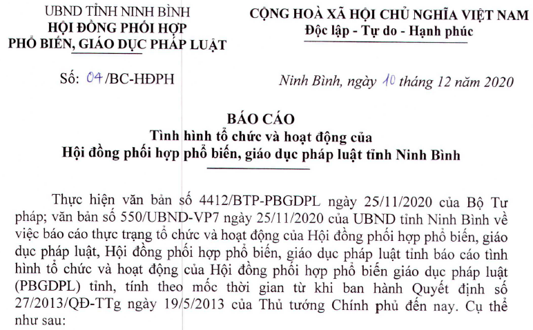 Báo cáo tình hình tổ chức và hoạt động của Hội đồng phối hợp phổ biến, giáo dục pháp luật tỉnh Ninh Bình