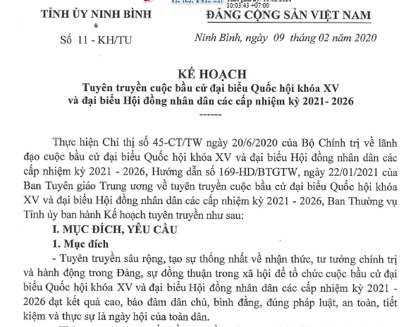 Kế hoạch số 11-KH/TU ngày 09/02/2020 của Tỉnh ủy Ninh Bình về tuyên truyền cuộc bầu cử đại biểu Quốc hội khóa XV và đại biểu HĐND các cấp nhiệm kỳ 2021-2026