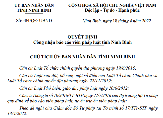 Quyết định công nhận báo cáo viên pháp luật tỉnh Ninh Bình năm 2022