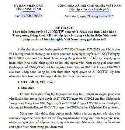 Thực hiện Nghị quyết số 27-NQ/TW ngày 09/11/2022 của Ban Chấp hành Trung ương Đảng khoá XIII về tiếp tục xây dựng và hoàn thiện Nhà nước pháp quyền xã hội chủ nghĩa Việt Nam trong giai đoạn mới